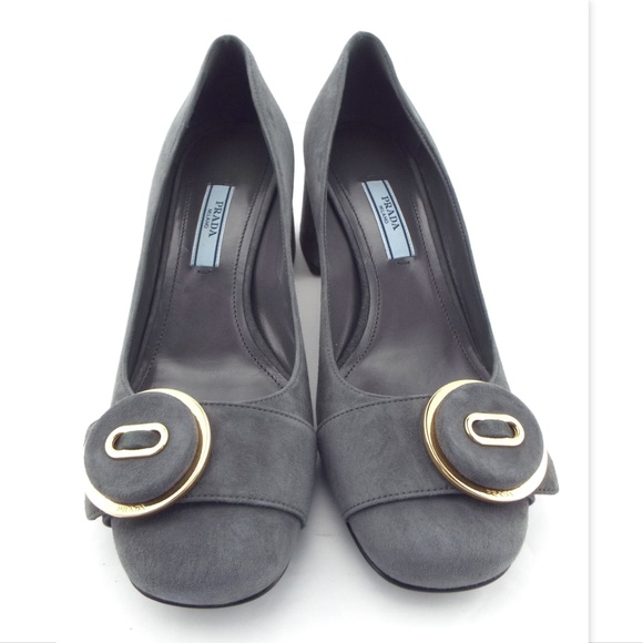 New PRADA Logo Detail Button Gray Suede Pumps 36.5 - Picture 4 of 8